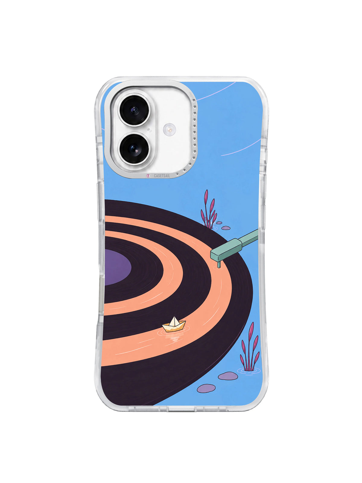 Front view of The Record That Became a Pond artwork on a transparent iPhone 17 case