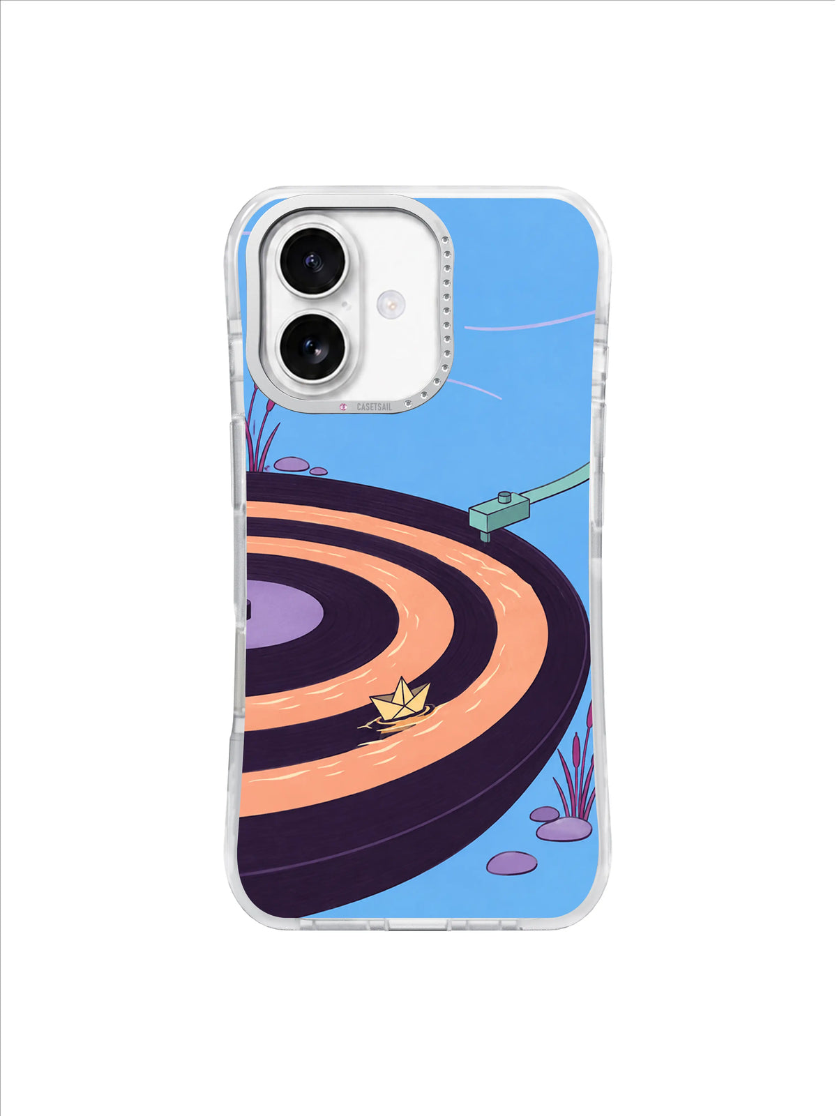Vinyl pond with peach rings, a tiny folded boat, and magenta shoreline reeds