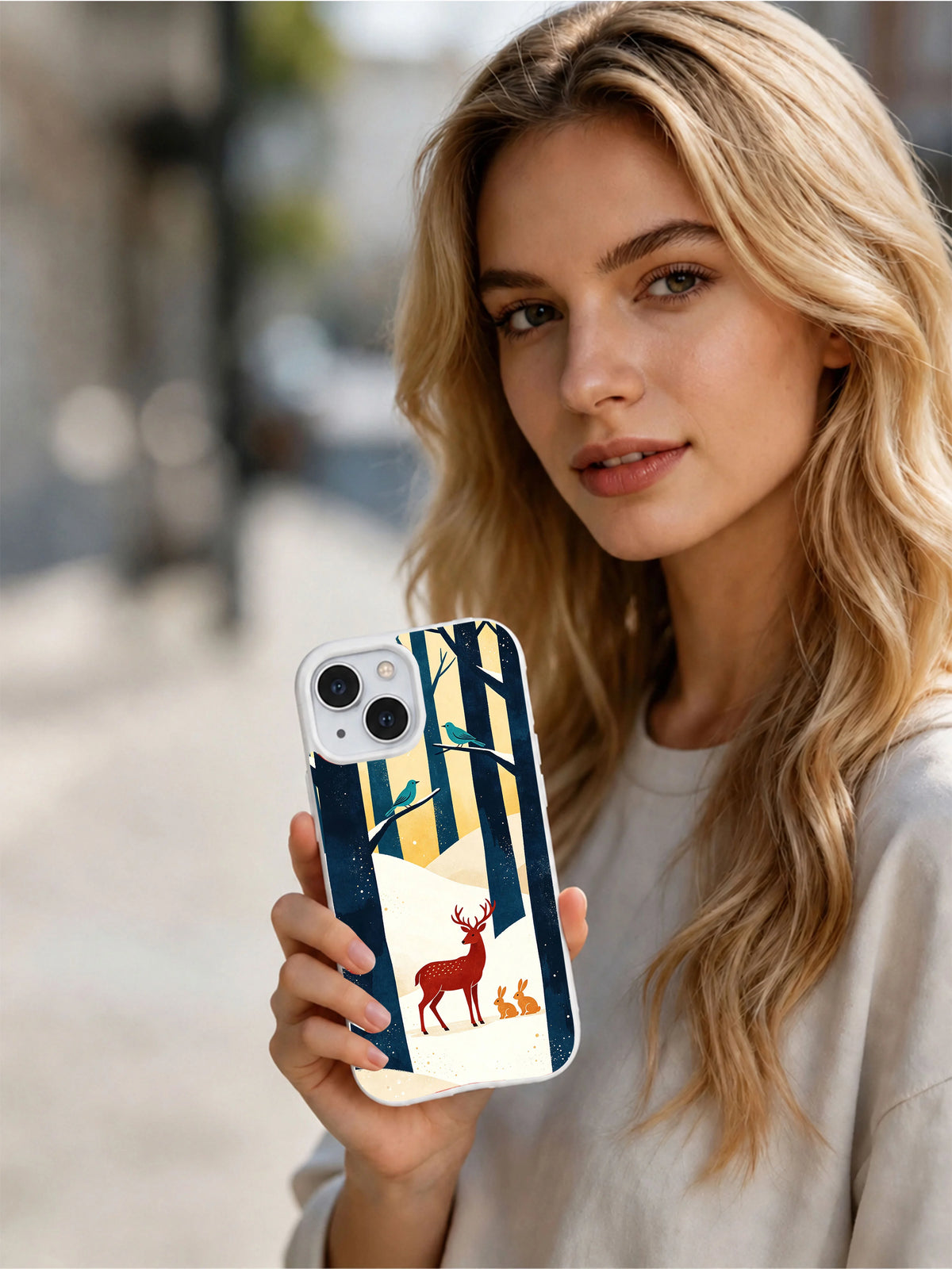 The Red Forest Gathering iPhone 13 case shown in a lifestyle portrait