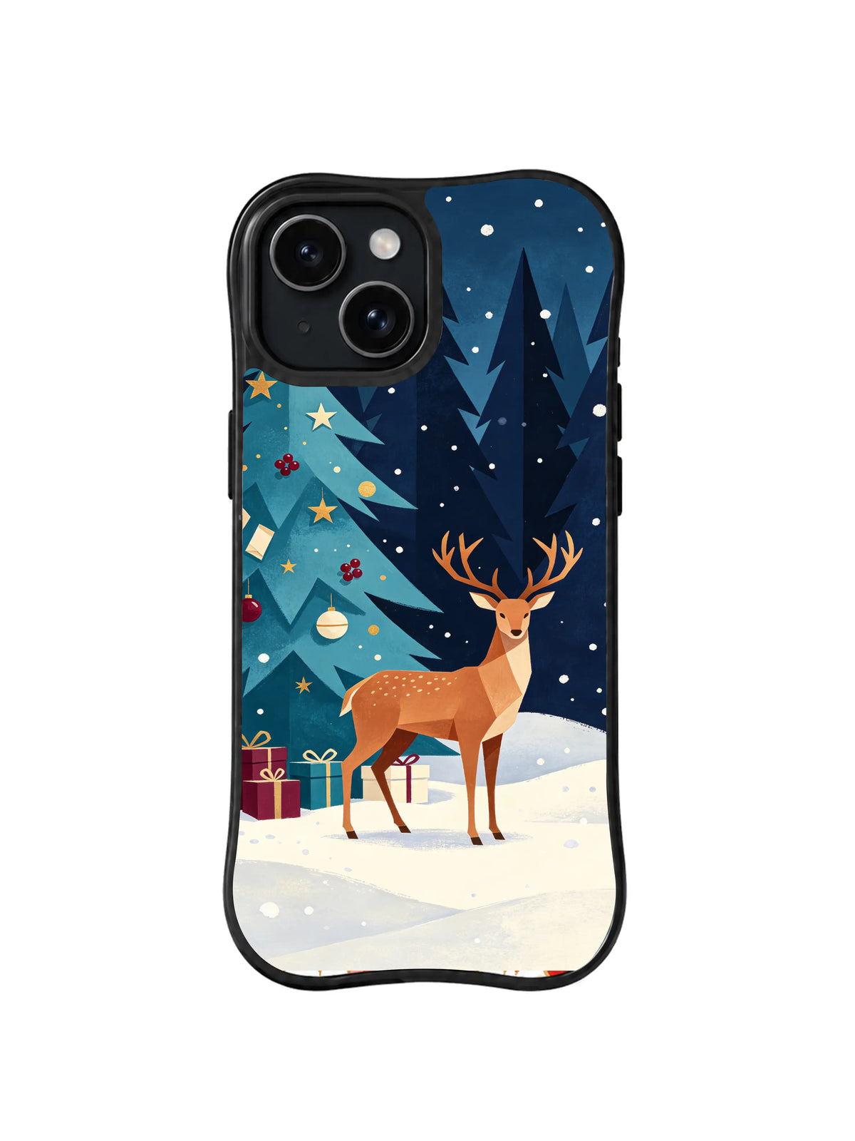 Turquoise Christmas Fir reindeer and gift artwork on an iPhone 14 case