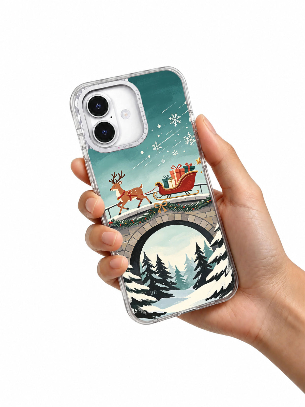 Reindeer Over Wishbone Bridge iPhone 17 case held in hand