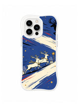Reindeer Pair Crossing pattern on a white iPhone 14 Pro case with two ivory reindeer moving through cobalt blue and cream diagonal brush bands, gold stars and scarlet marks