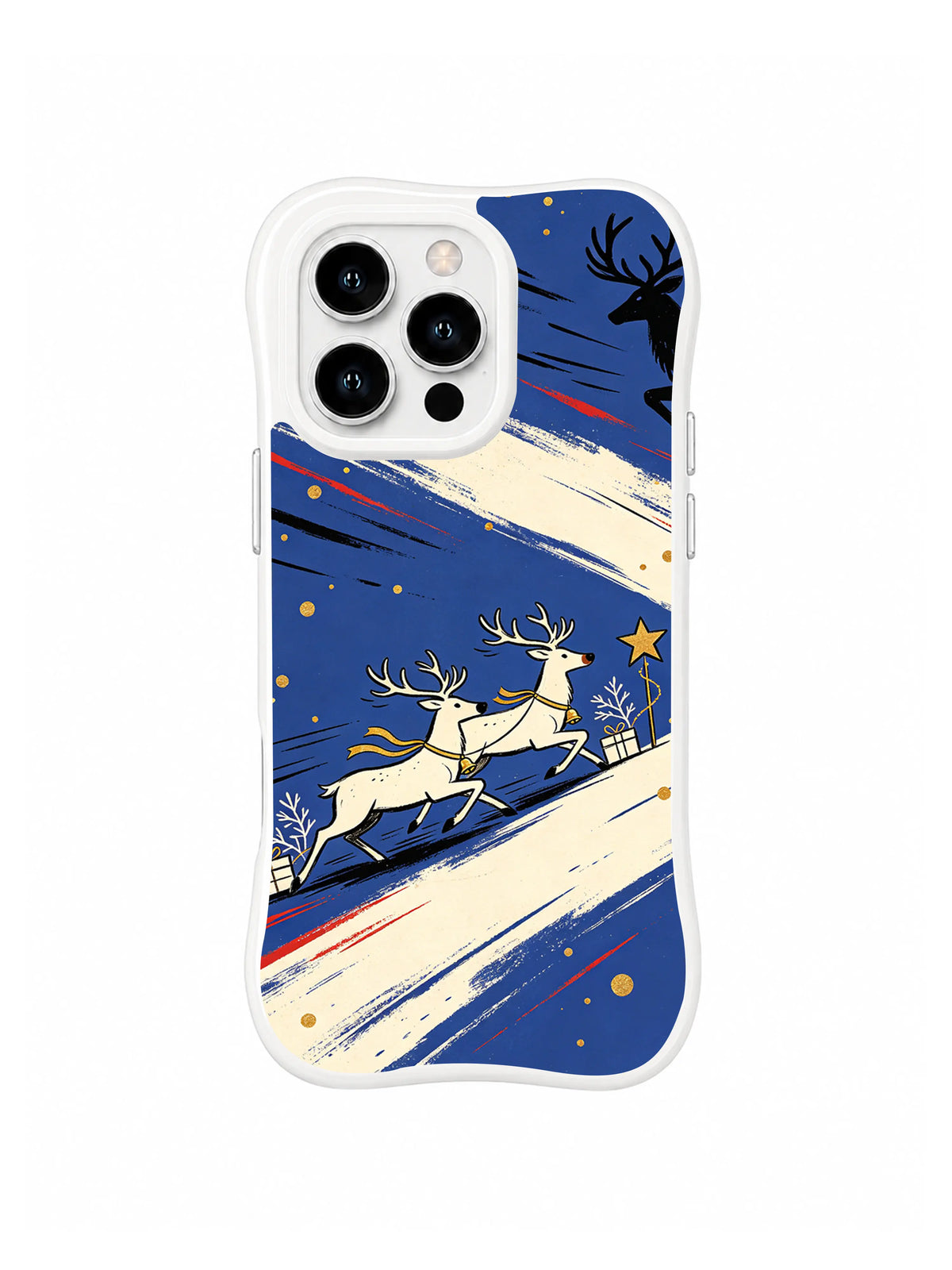Reindeer Pair Crossing pattern on a white iPhone 14 Pro case with two ivory reindeer moving through cobalt blue and cream diagonal brush bands, gold stars and scarlet marks