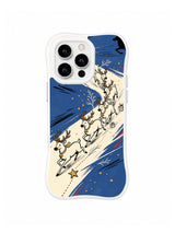 Reindeer Star Trail pattern on a white iPhone 14 Pro case with ivory reindeer crossing cobalt blue and cream brush bands, black antlers, gold stars and red accents