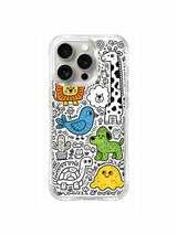 Relaxed fantasy monster zoo scene artwork on an iPhone 15 Pro case