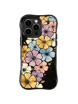 Pastel Retro Flower Corner: Pastel şeftali, mavi, lavanta, sarı ve krem çiçekler siyah zeminde bir köşeden çapraz yükselir.