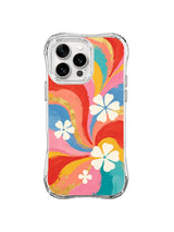Floral Carnival Swirl: Beyaz çiçekler belirgin kırmızı, mercan, sarı, mavi, pembe ve turkuaz sarmalı noktalar.