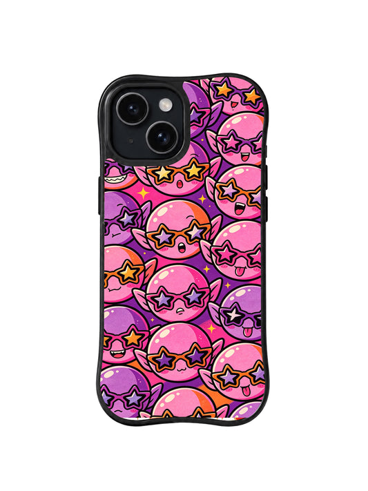 Pastel Star Face Repeat: Pink and purple cartoon faces in star-shaped sunglasses repeat with small rainbow arcs.