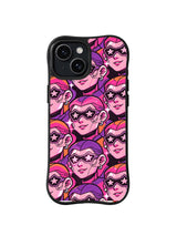 Retro Star Portrait Parade: Pink portraits with star sunglasses and purple hair overlap across a dark graphic field.