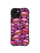 Orange Star Shades Crowd: Round pink and purple faces in orange star sunglasses form a dense repeat on black.