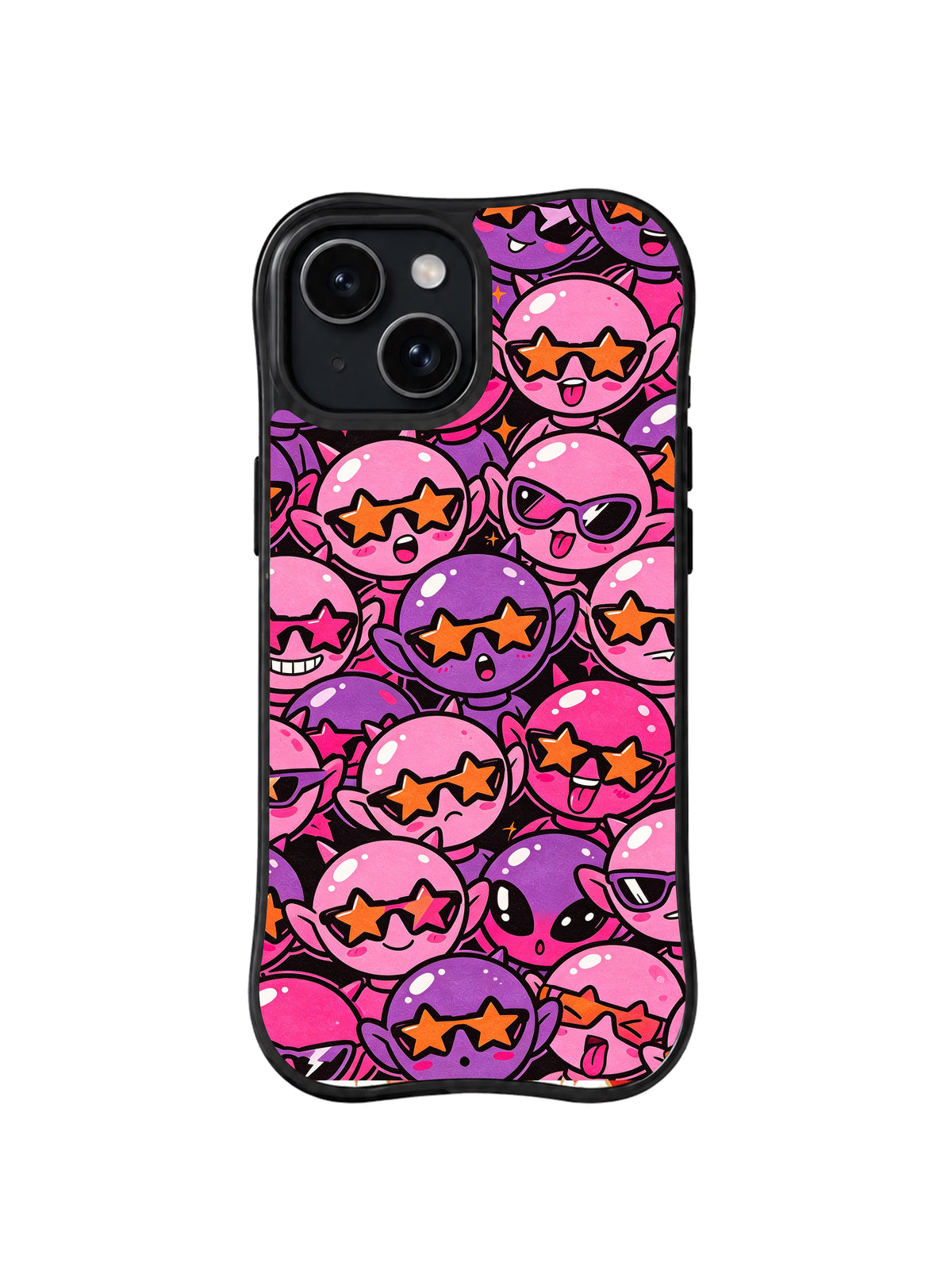 Orange Star Shades Crowd: Round pink and purple faces in orange star sunglasses form a dense repeat on black.