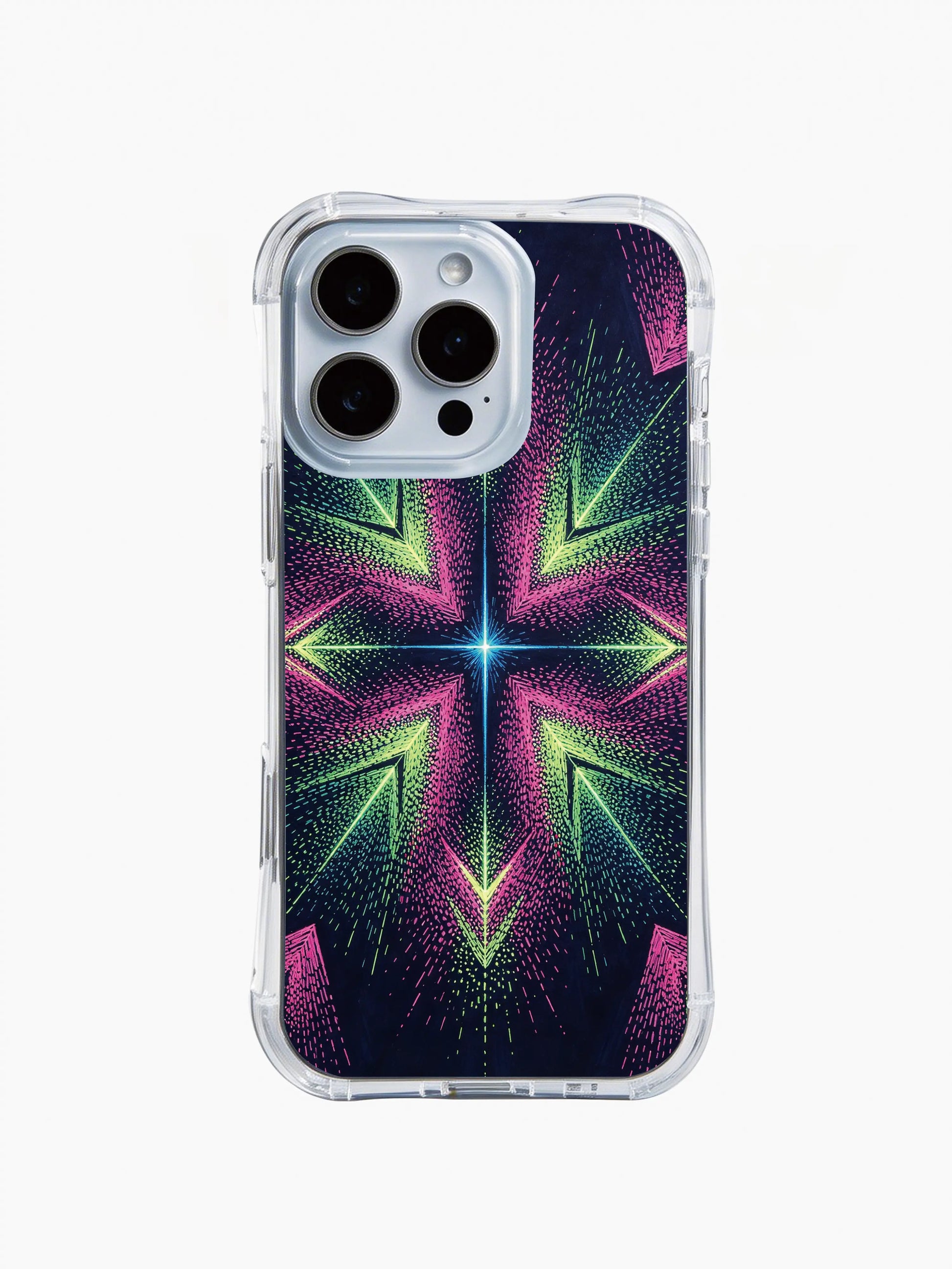  PhoneCasing iPhone 14 Pro Max Case featuring a retro vibe starburst motif, slim clear case with premium neon art print on dark background.