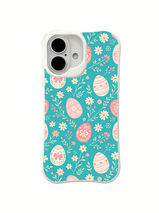 Ribbon Bloom Easter / Petite Ribbon Egg Meadow: Small blush and cream patterned eggs with white daisies and fine pale leafy branches scattered over turquoise.