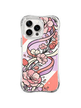 Strawberry Ribbon Garden: Pink blossoms, strawberries and curling ribbons cross coral and cream blocks.