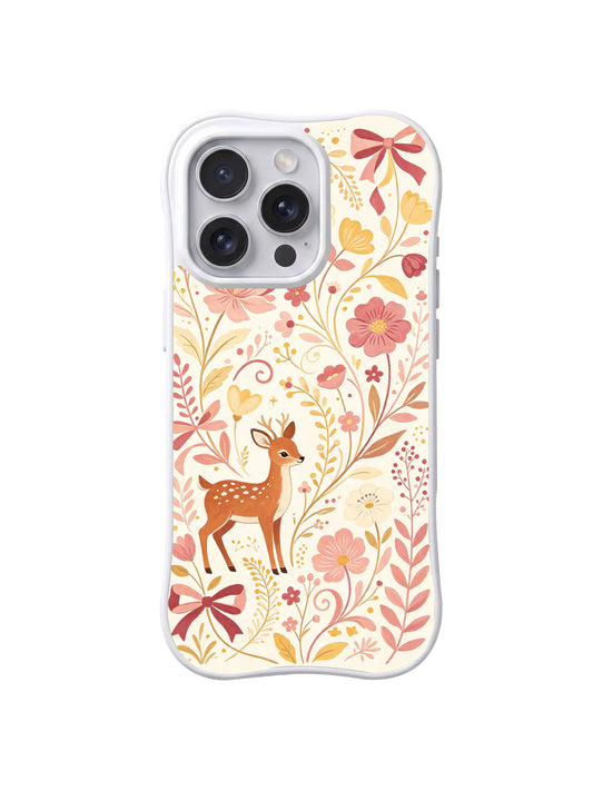 Ribbon Blossom Deer: A small spotted fawn among fine curling pink stems, yellow leaves and red ribbon bows on cream.