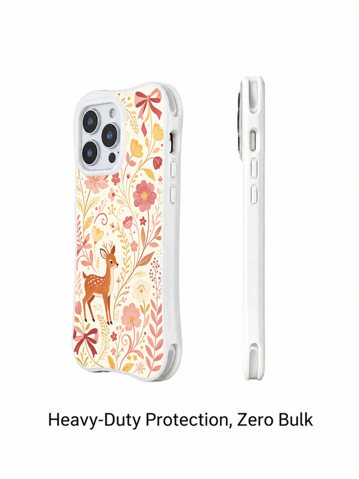Ribbon Blossom Deer: Desenli kılıfın arka ve yan görünümleri.