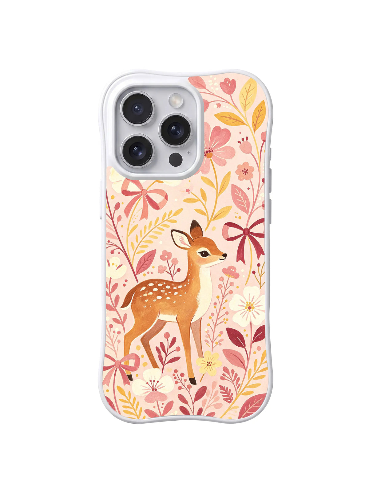 Ribbon Blossom Deer / Blush Blossom Fawn: Pembe çiçekler, altın yapraklar ve belirgin bordo fiyonklar arasında sağa bakan daha büyük yavru geyik.