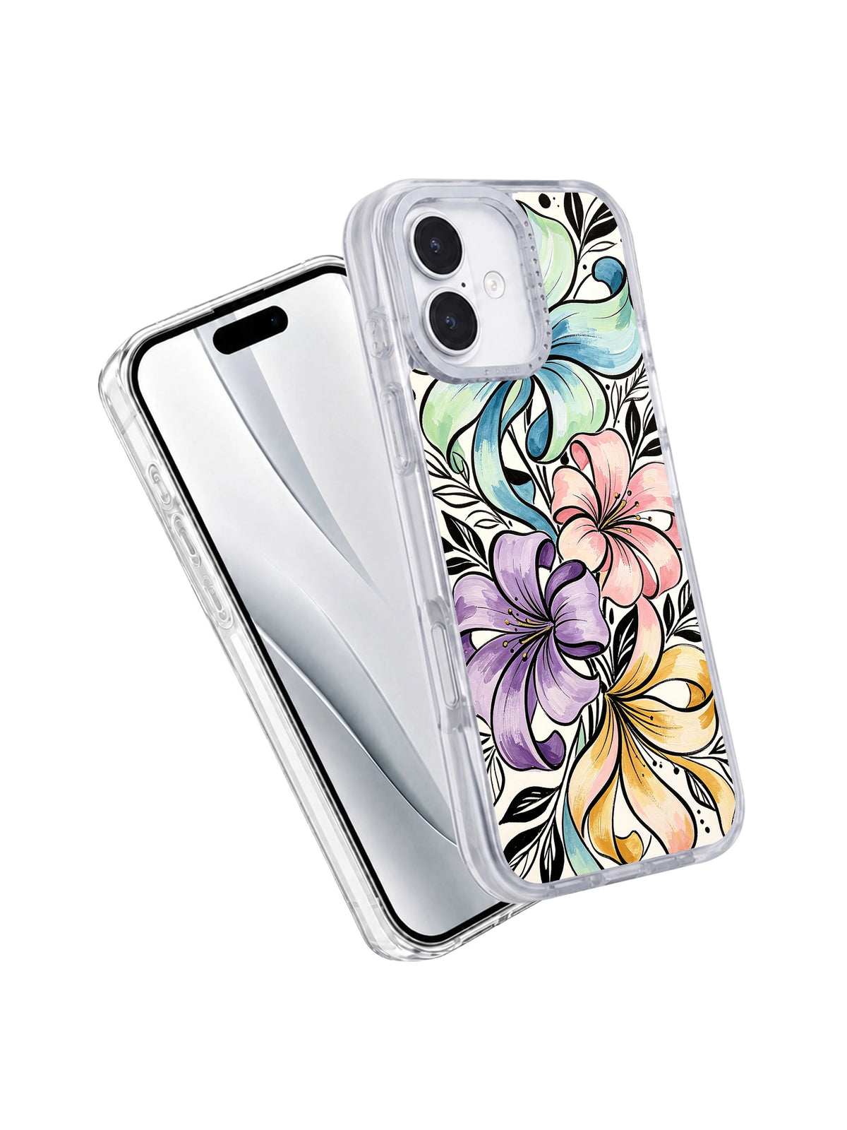 Flowing petal iPhone 17 case front and back view