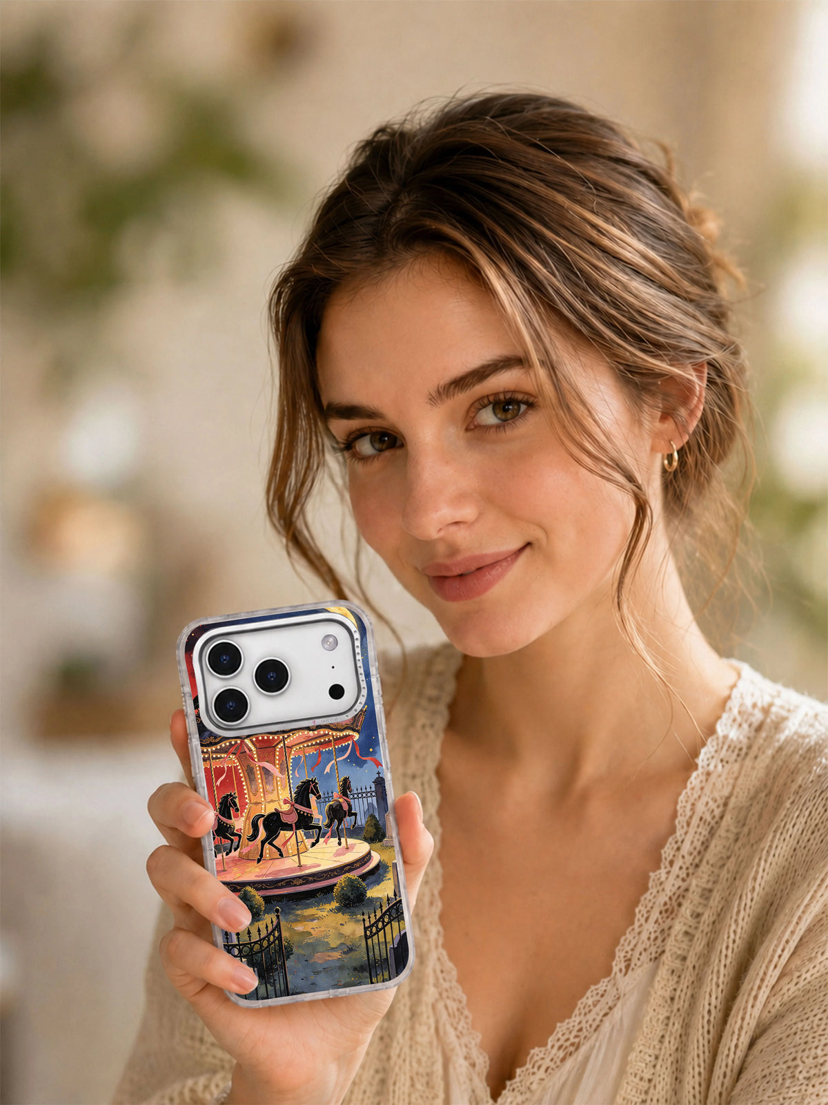 The Ribbon Carousel at Midnight iPhone case lifestyle view