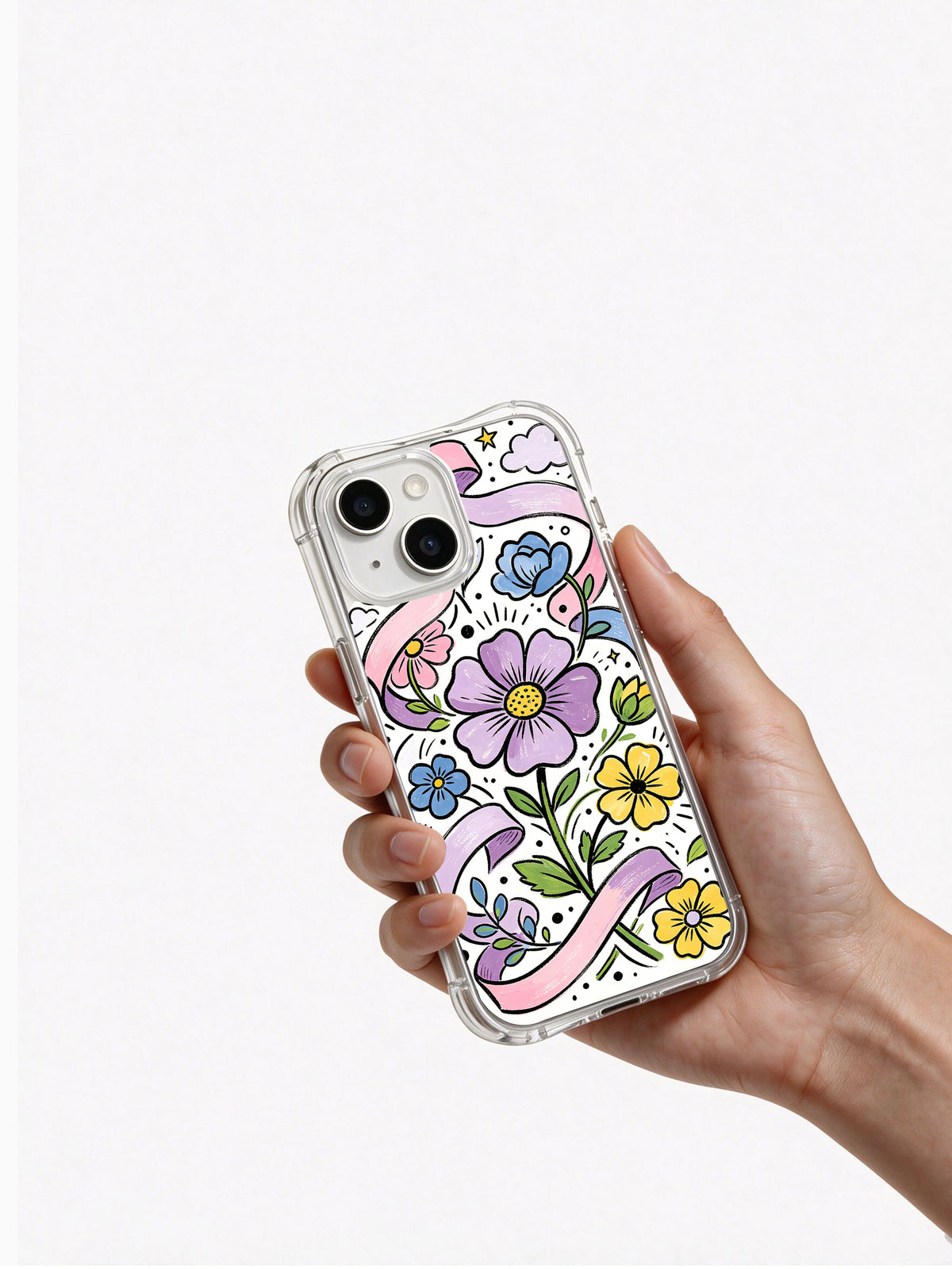 Ribbon Garden iPhone 14 case held in hand