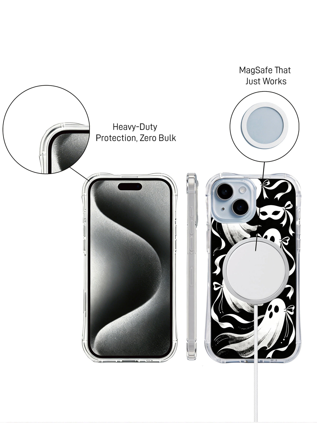 Ribbon Ghost Waltz iPhone 15 Plus case front and rear detail presentation