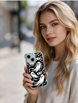 Person holding black and white Ribbon Ghost Waltz iPhone 15 Plus case