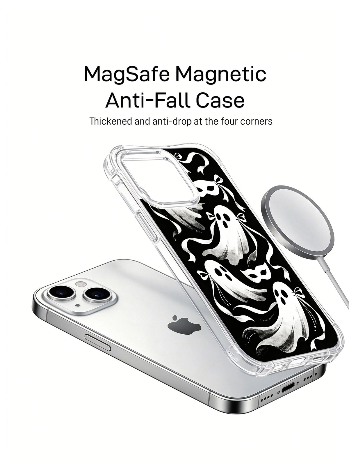Ribbon Ghost Waltz iPhone 15 Plus case in angled accessory display