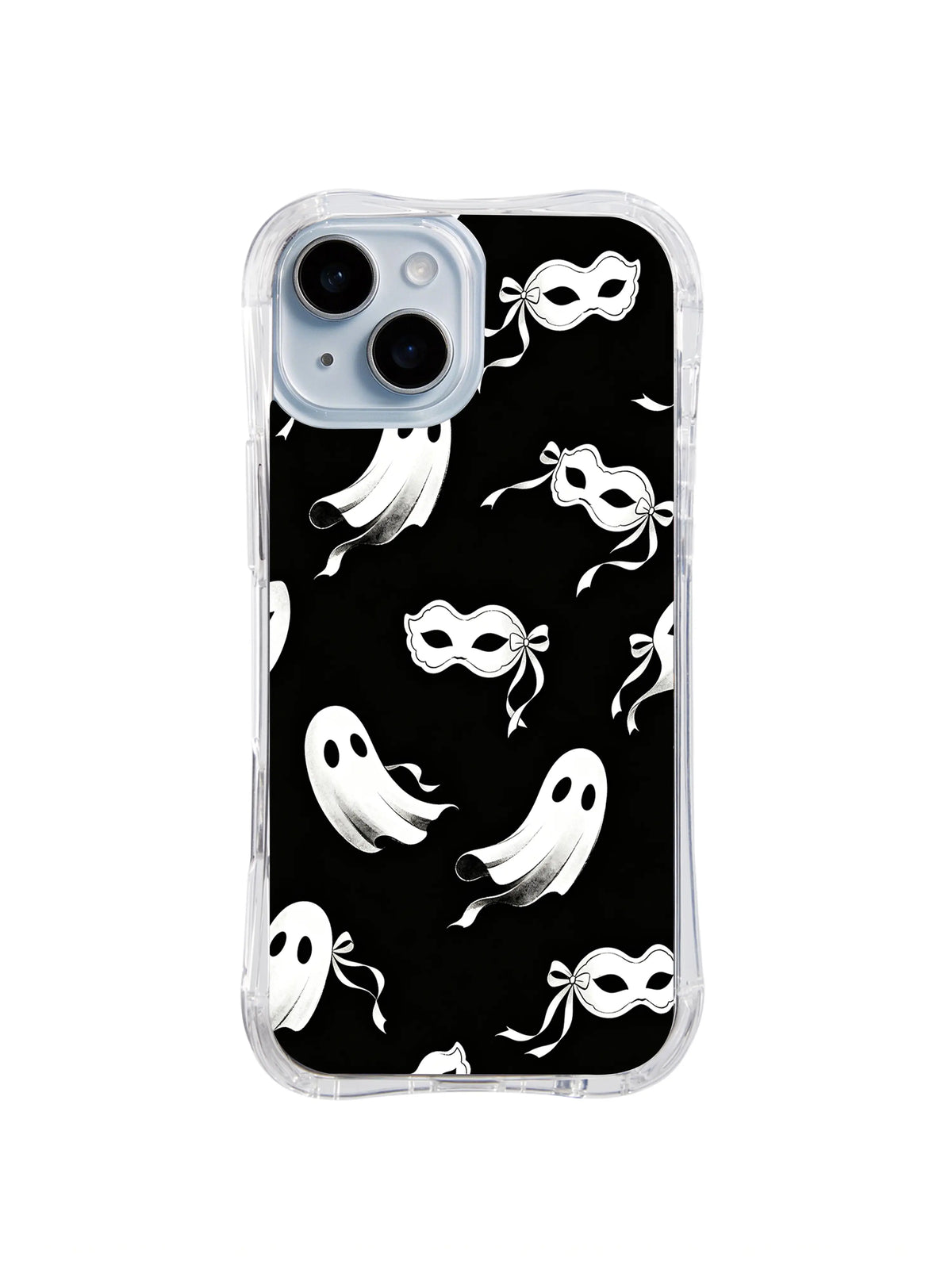Moonlit Mask Minuet ghost and masquerade pattern on black iPhone 15 Plus case