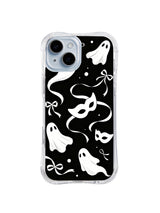 Ribbon Loop Reverie black and white ghost artwork on iPhone 15 Plus case