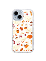 Ribbon Goose Harvest Charm: Straight rear view of cream geese with red bows, orange pumpkins, small flowers and golden wheat.