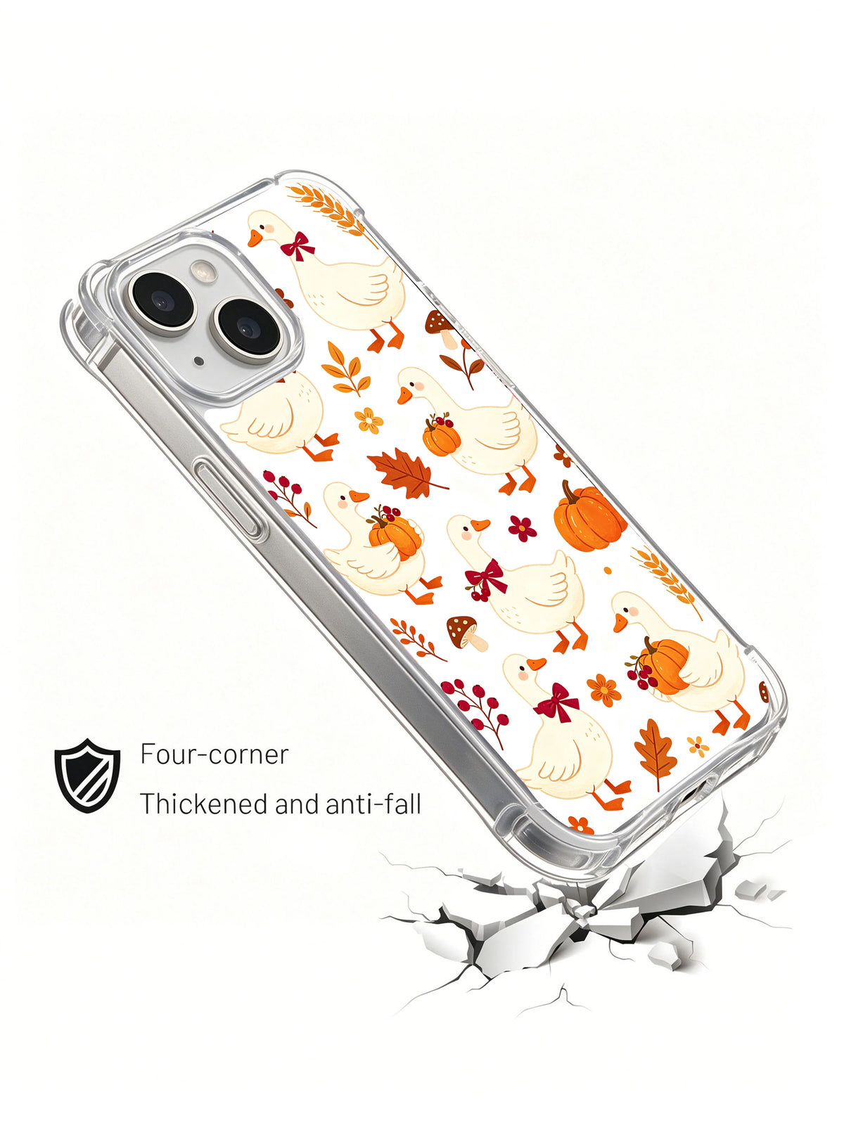 Ribbon Goose Harvest Charm: Angled illustrated case above a drawn cracked surface.