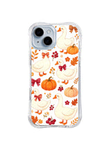 Ribbon Goose Harvest Charm / Berry Bow Goose Parade: Large cream geese with red and rust bows among orange pumpkins, red berry clusters and scattered maple leaves.
