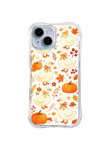 Ribbon Goose Harvest Charm / Golden Ribbon Goose Garden: Cream geese wearing golden neck ribbons, surrounded by small orange flowers, pumpkins, berries and leaves.