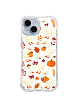 Ribbon Goose Harvest Charm / Pumpkin Goose Charm: Cream geese with red bows and small pumpkins held at their chests, with golden wheat, red flowers and autumn leaves.