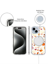 Ribbon Goose Harvest Charm: Front phone, illustrated rear case, round accessory and a magnified edge detail in a promotional panel.