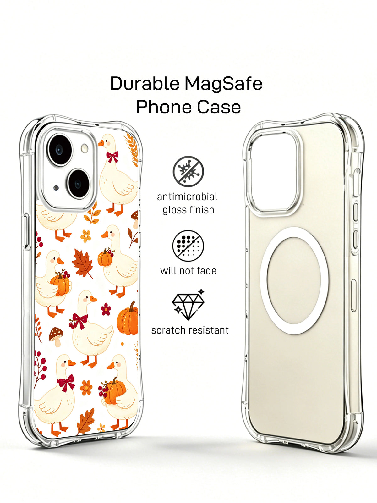 Ribbon Goose Harvest Charm: Illustrated case beside a plain rear phone view.