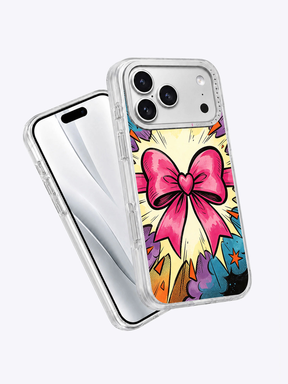 Angled view of the Ribbon Heart Explosion pink bow iPhone case