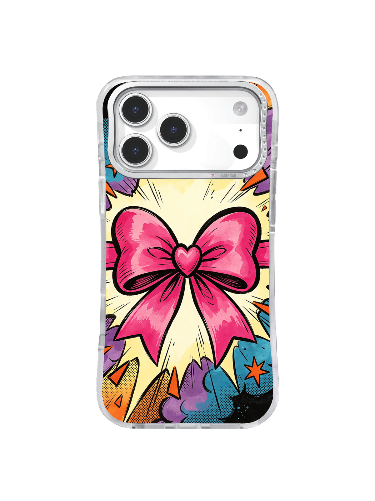 Ribbon Heart Explosion iPhone case with a hot-pink bow, cream comic starburst, blue-purple clouds, orange shards, and black motion lines