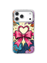 Pink ribbon heart iPhone case artwork with an open heart bow, cream-yellow burst, cobalt smoke, lavender clouds, and tiny stars