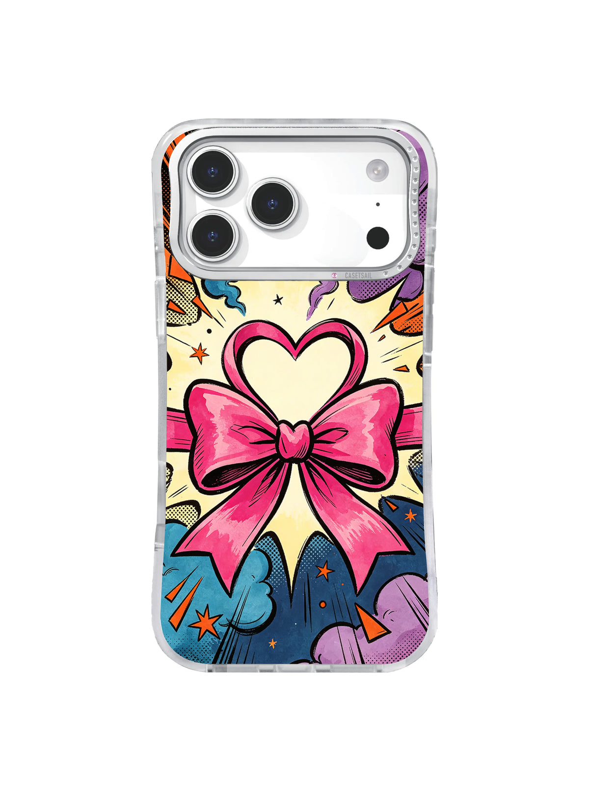 Pink ribbon heart iPhone case artwork with an open heart bow, cream-yellow burst, cobalt smoke, lavender clouds, and tiny stars