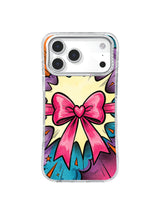 Hot-pink bow iPhone case with a small heart knot, cream explosion, cobalt and lavender comic clouds, and orange fragments