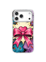 Pink ribbon bow pop-art iPhone case with cream starburst, teal-blue and lavender clouds, orange stars, and rough black ink