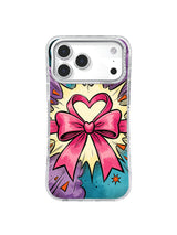 Coquette heart bow iPhone case with a hot-pink ribbon, cream-yellow blast, turquoise and purple smoke, and orange star accents