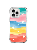 Pastel Heart Horizon: Beyaz kalpler yatay turkuaz, pembe, mavi, sarı ve mercan renk alanlarını noktalar.