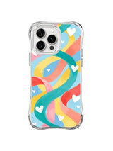 Turquoise Love Loop: Kalın turkuaz halka beyaz kalplerle pembe, mercan, sarı ve mavi şeritleri keser.