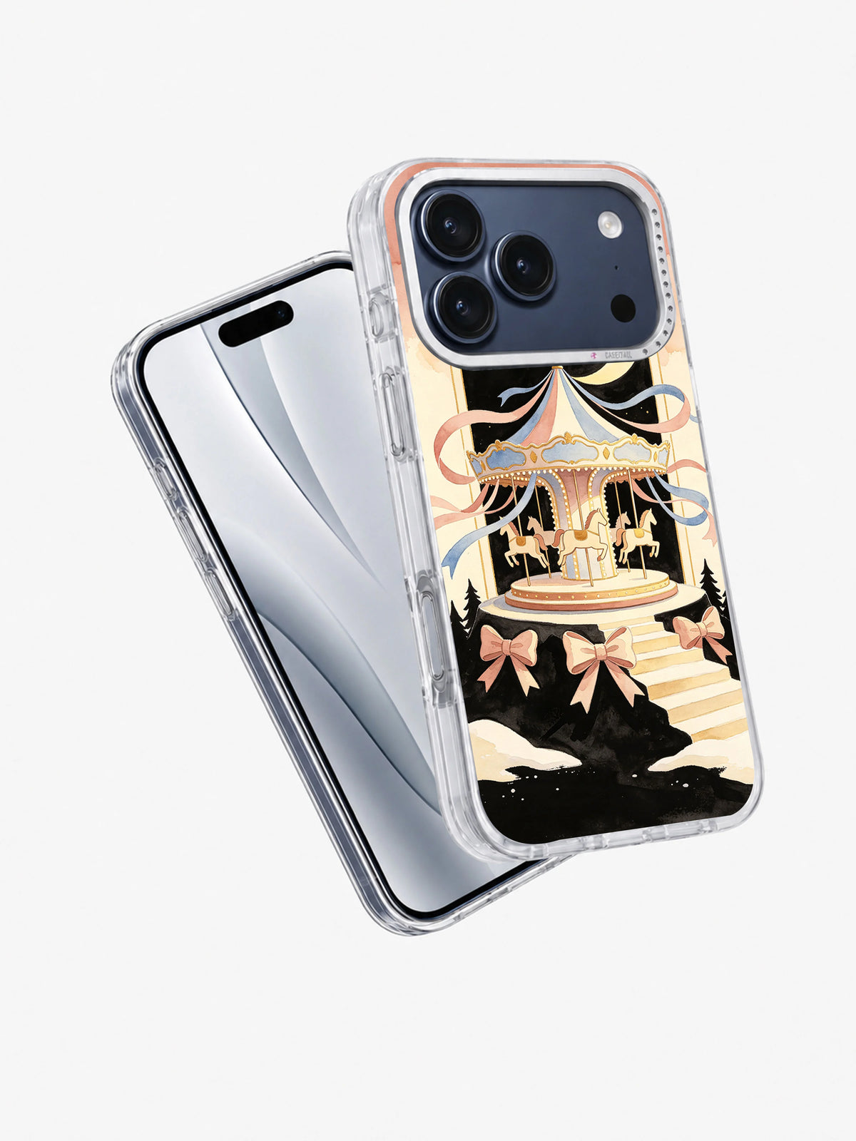 Angled front and back view of the Ribbon Moon Carousel iPhone 17 Pro Max case