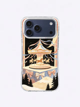 Golden Crescent Carousel artwork on an iPhone 17 Pro Max case with dusty rose ribbons and a celestial night sky