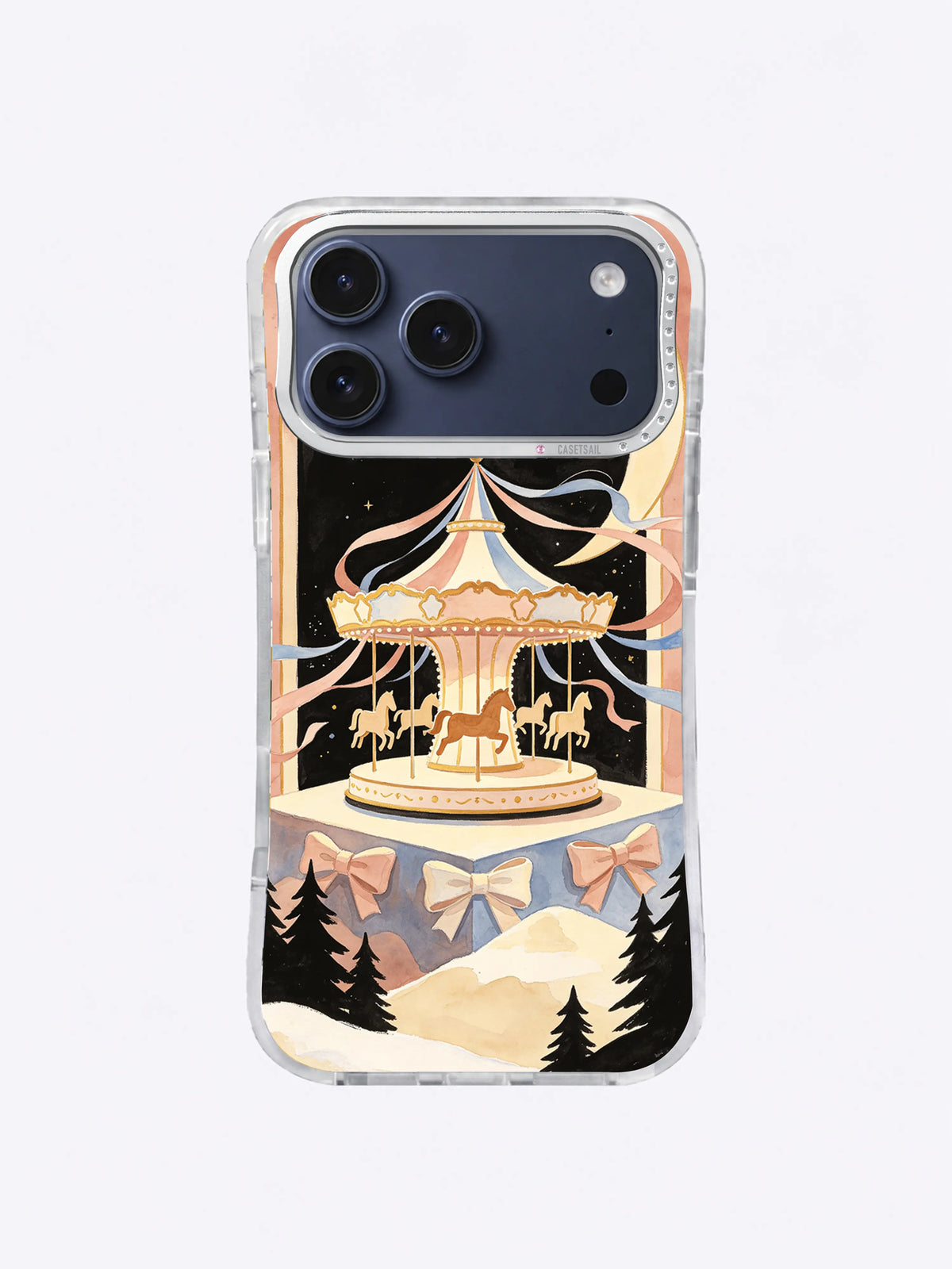 Golden Crescent Carousel artwork on an iPhone 17 Pro Max case with dusty rose ribbons and a celestial night sky