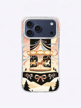 Rose Ribbon Carousel artwork on an iPhone 17 Pro Max case with a crescent arch and ivory mountain stage