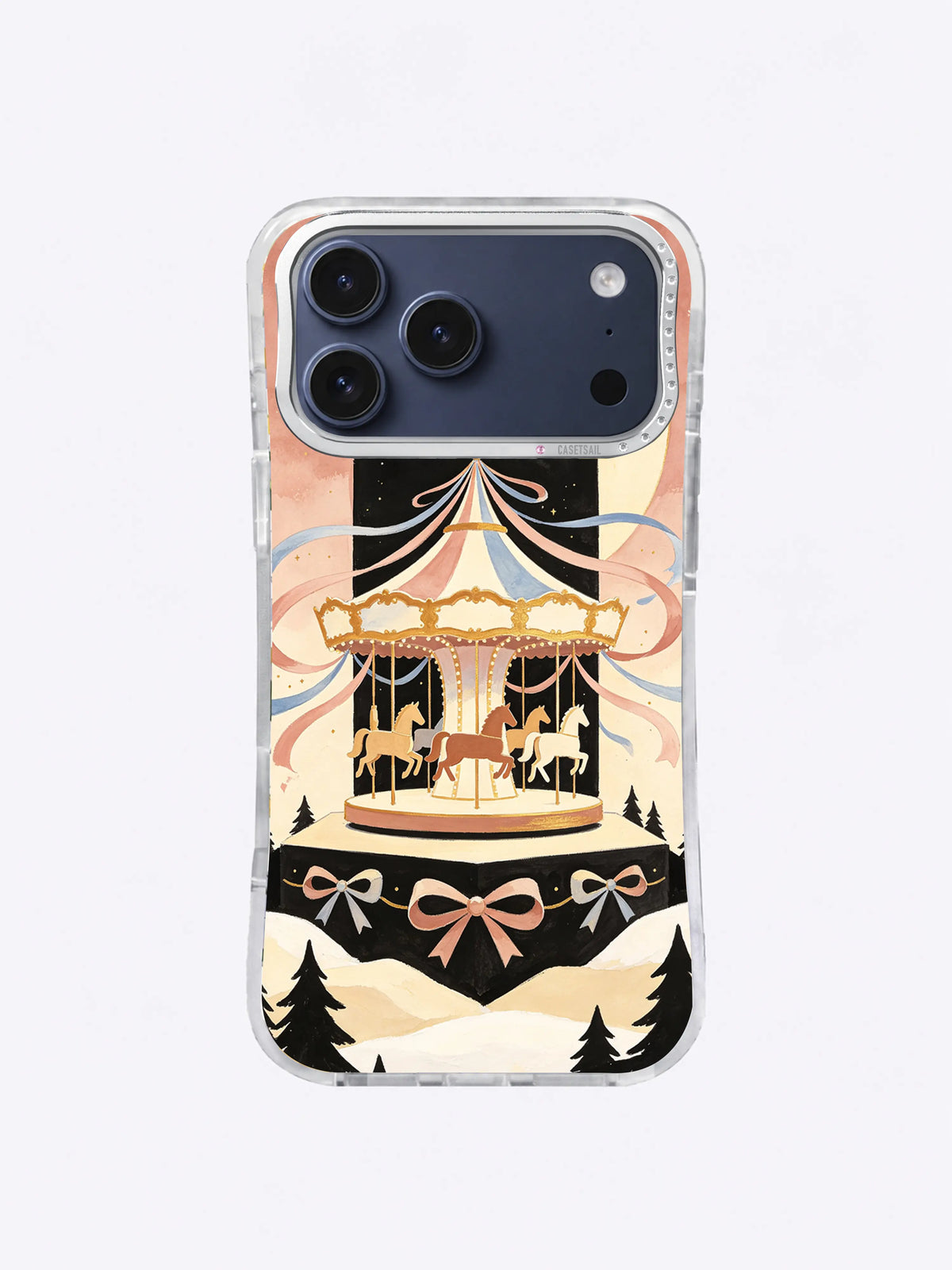 Rose Ribbon Carousel artwork on an iPhone 17 Pro Max case with a crescent arch and ivory mountain stage